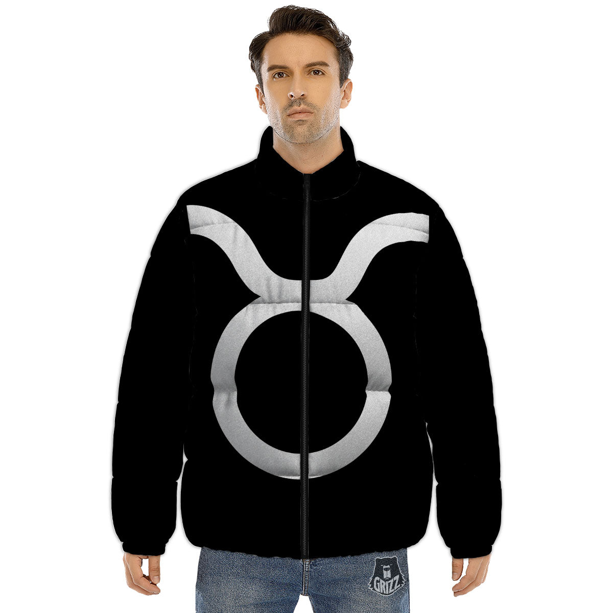 Taurus Sign White And Black Print Puffer Jacket-grizzshop