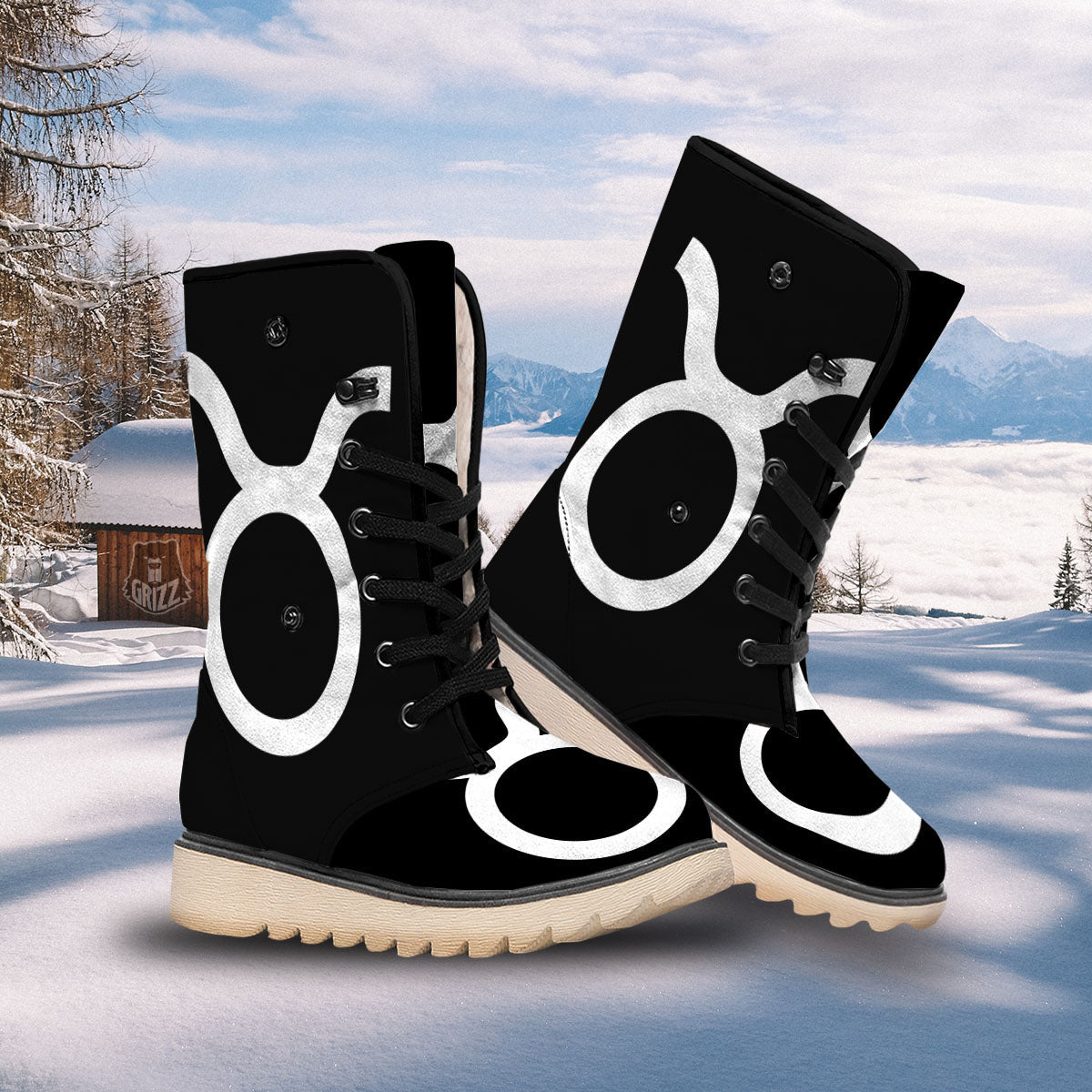 Taurus Sign White And Black Print Snow Boots-grizzshop