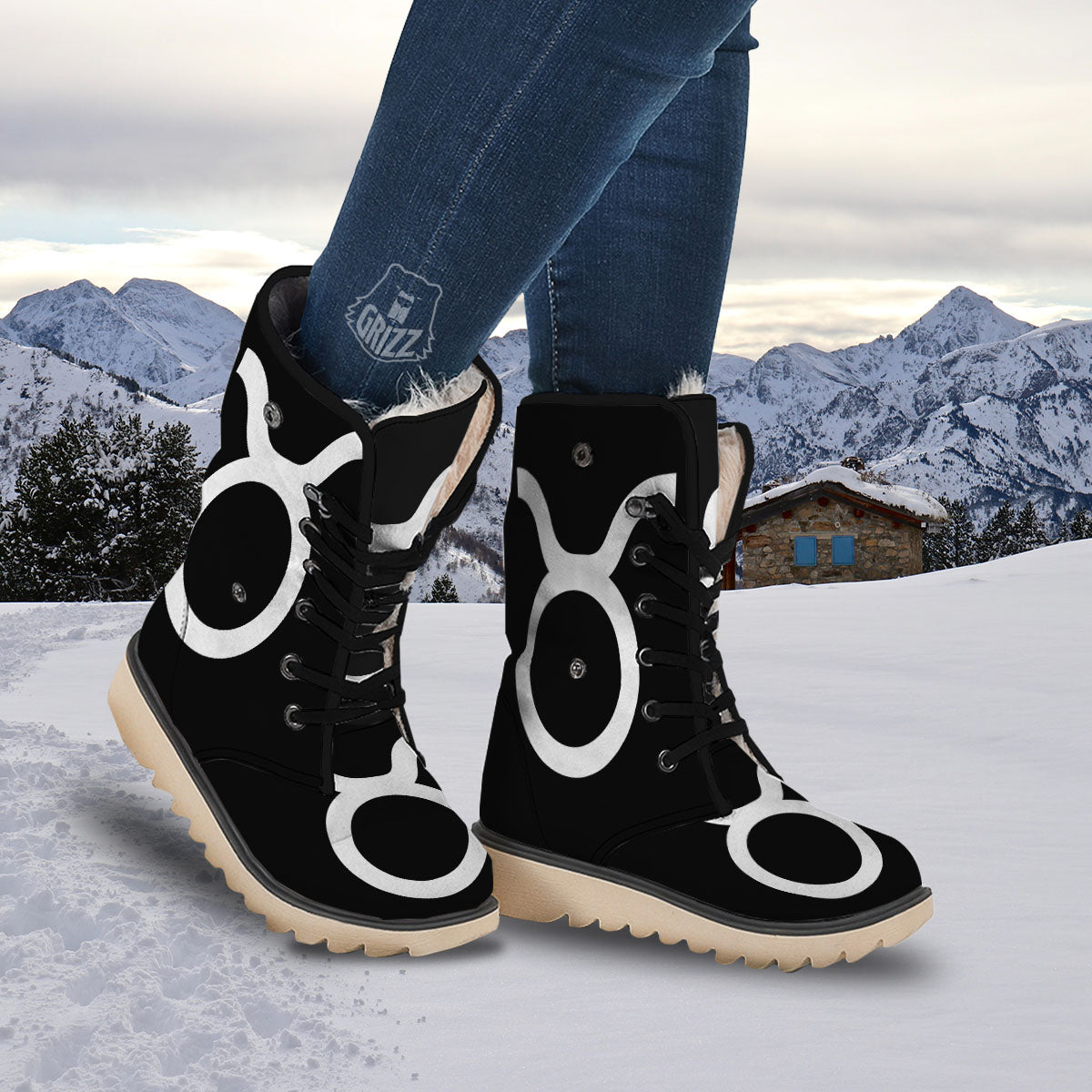 Taurus Sign White And Black Print Snow Boots-grizzshop