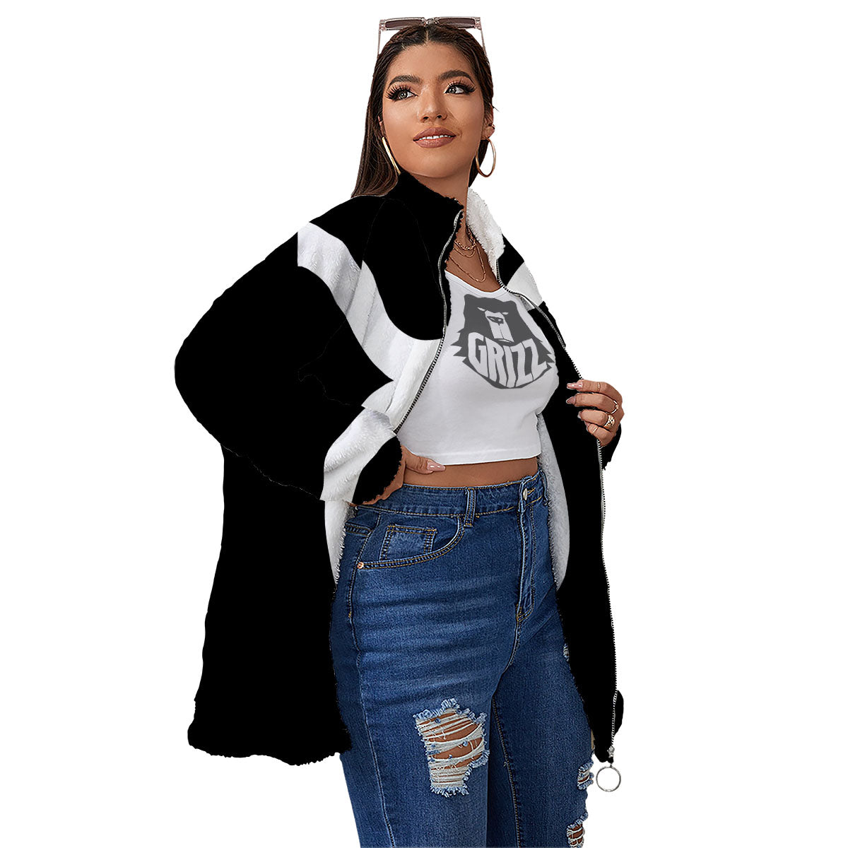Taurus Sign White And Black Print Women's Sherpa Jacket-grizzshop