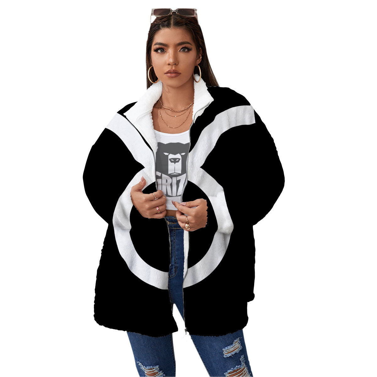 Taurus Sign White And Black Print Women's Sherpa Jacket-grizzshop