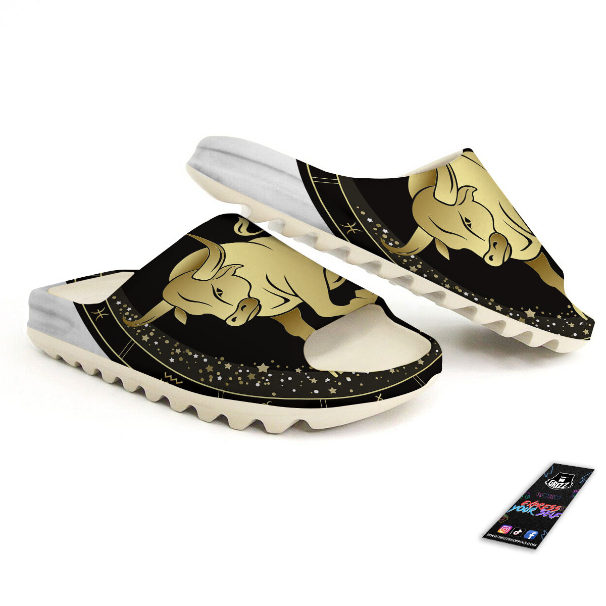 Taurus Sign Black And Gold Print Sandals-grizzshop