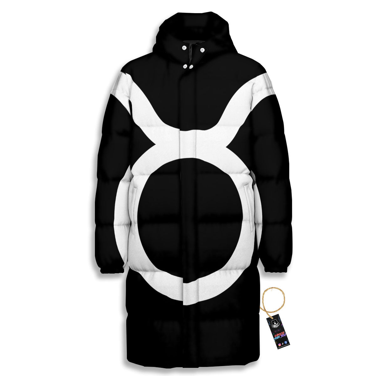 Taurus Sign White And Black Print Long Down Jacket