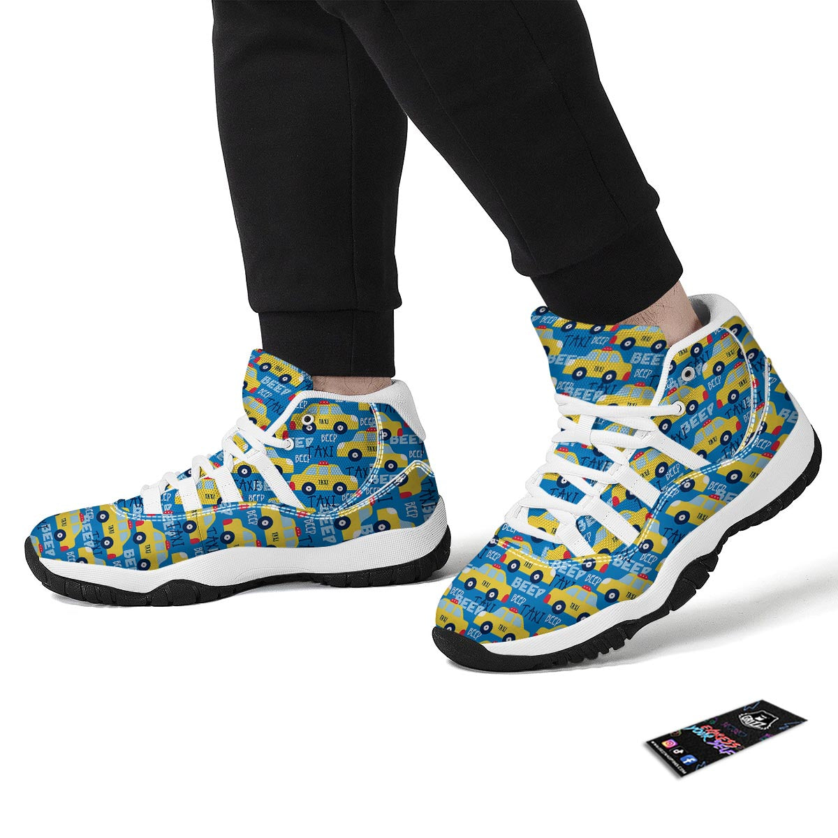 Taxi Car Pattern Print White Bball Shoes-grizzshop
