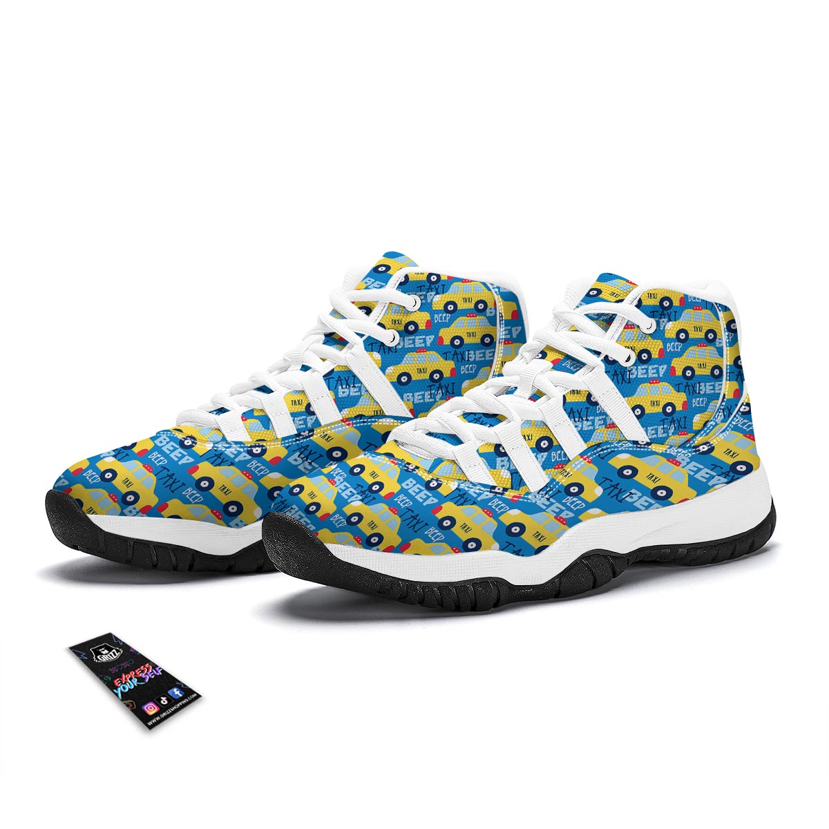 Taxi Car Pattern Print White Bball Shoes-grizzshop