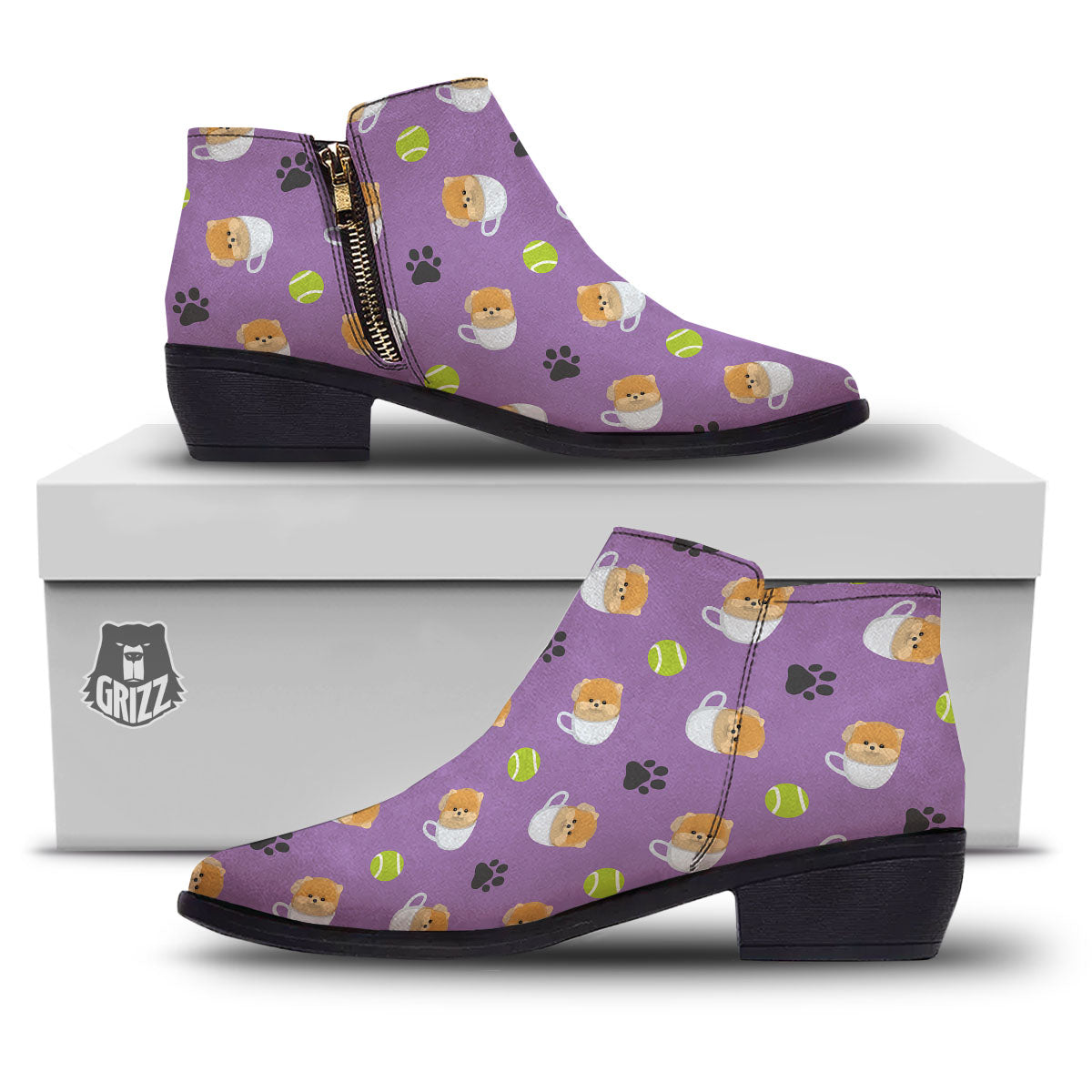 Tea Cup Pomeranian Print Pattern Ankle Boots-grizzshop