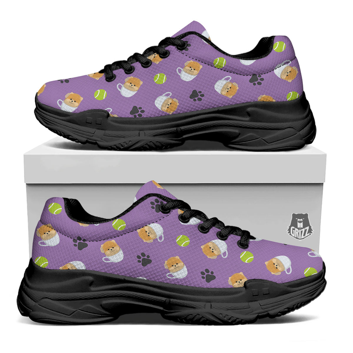 Tea Cup Pomeranian Print Pattern Black Chunky Shoes-grizzshop