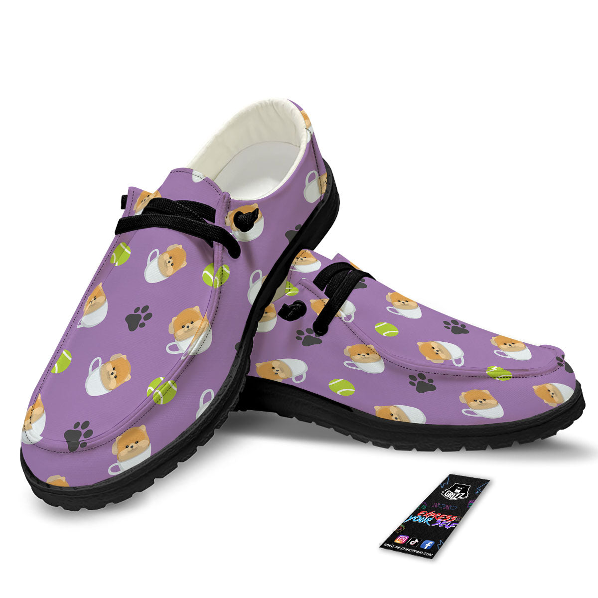 Tea Cup Pomeranian Print Pattern Black Loafers-grizzshop