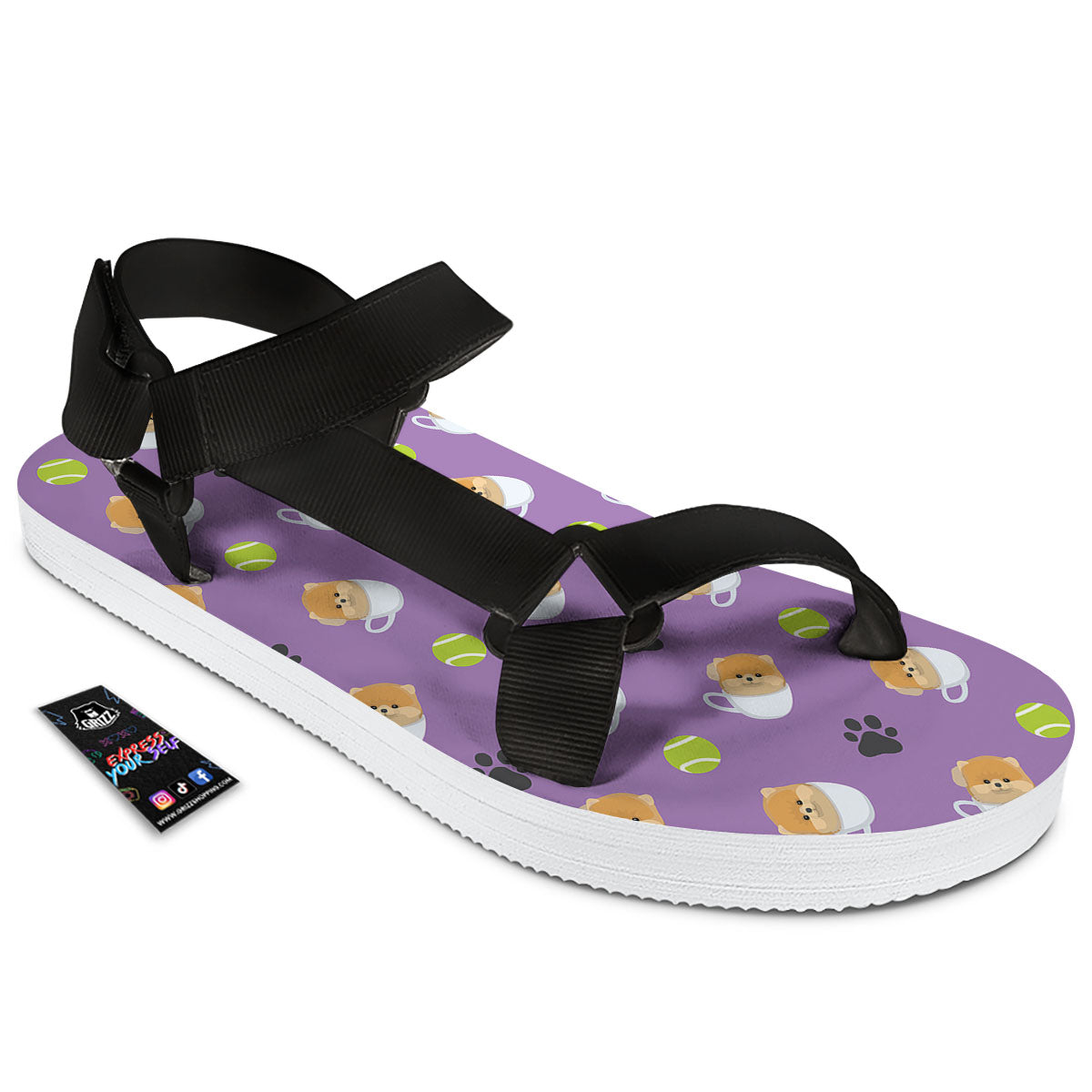 Tea Cup Pomeranian Print Pattern Black Open Toe Sandals-grizzshop