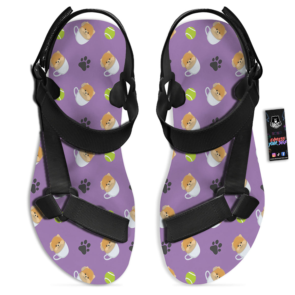 Tea Cup Pomeranian Print Pattern Black Open Toe Sandals-grizzshop