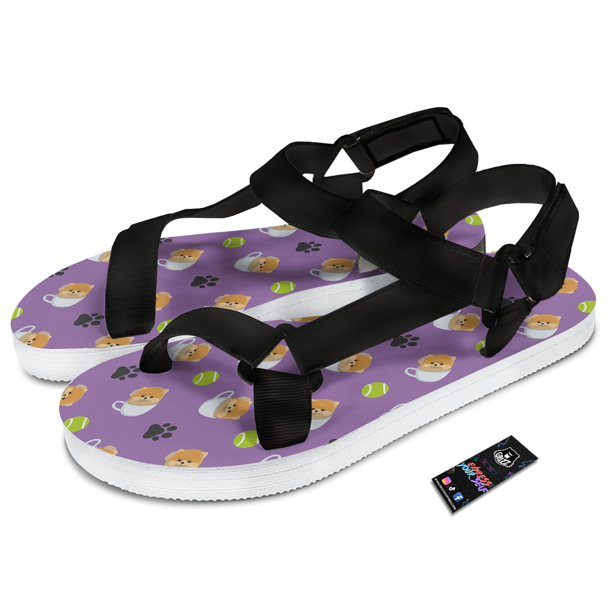 Tea Cup Pomeranian Print Pattern Black Open Toe Sandals-grizzshop