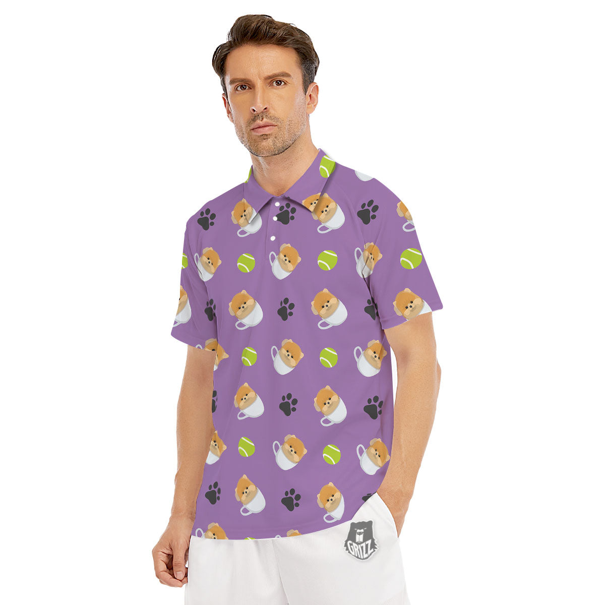 Tea Cup Pomeranian Print Pattern Men's Golf Shirts-grizzshop