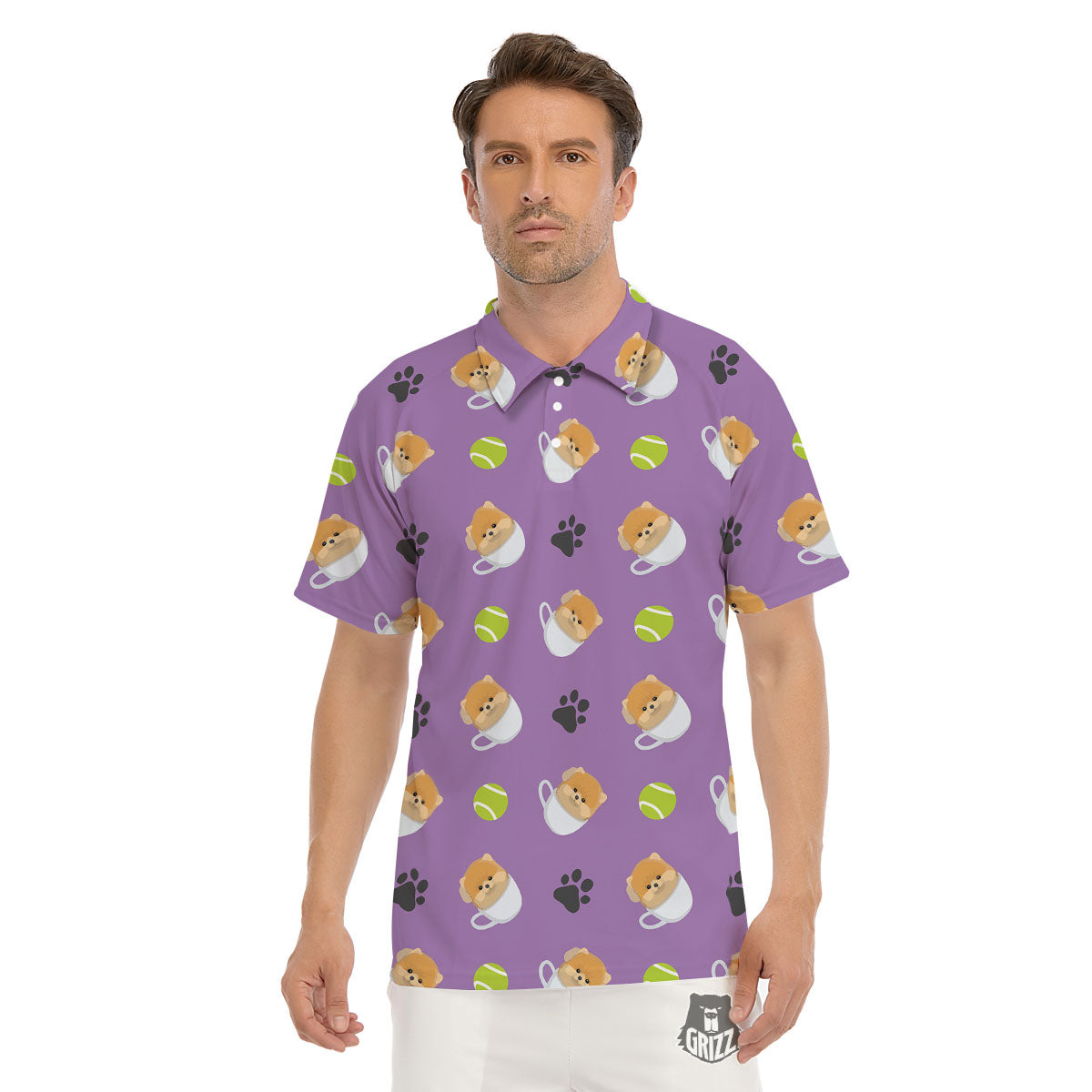 Tea Cup Pomeranian Print Pattern Men's Golf Shirts-grizzshop