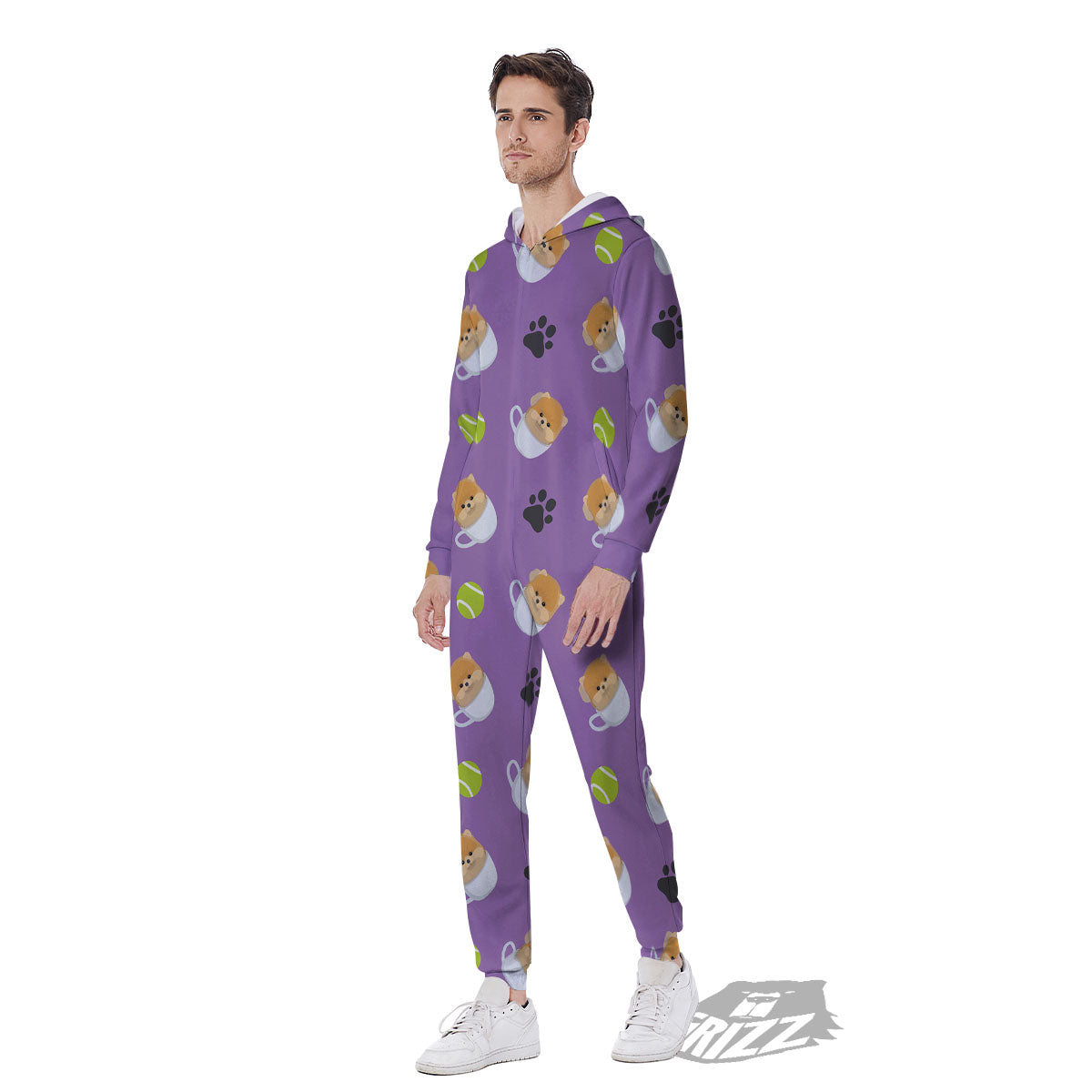 Tea Cup Pomeranian Print Pattern Men's Jumpsuit-grizzshop