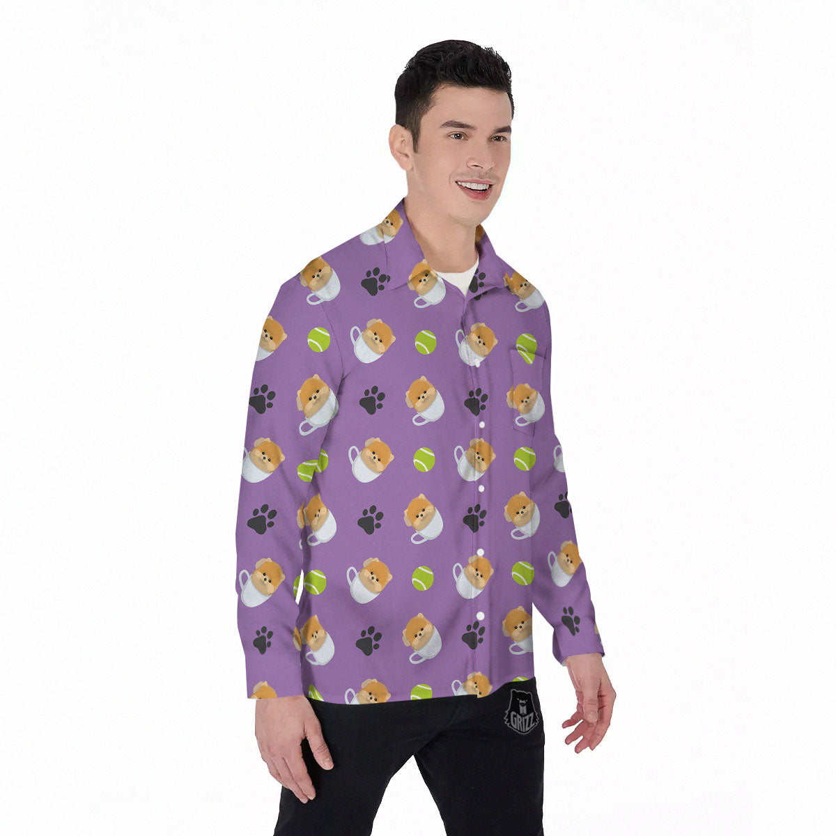 Tea Cup Pomeranian Print Pattern Men's Long Sleeve Shirts-grizzshop