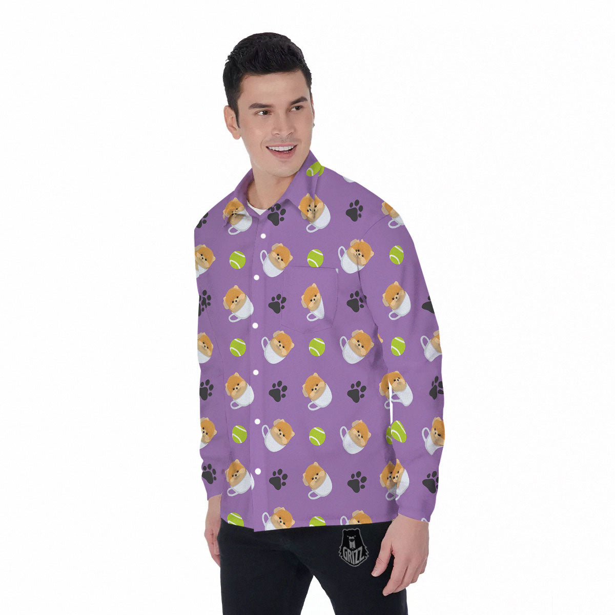 Tea Cup Pomeranian Print Pattern Men's Long Sleeve Shirts-grizzshop