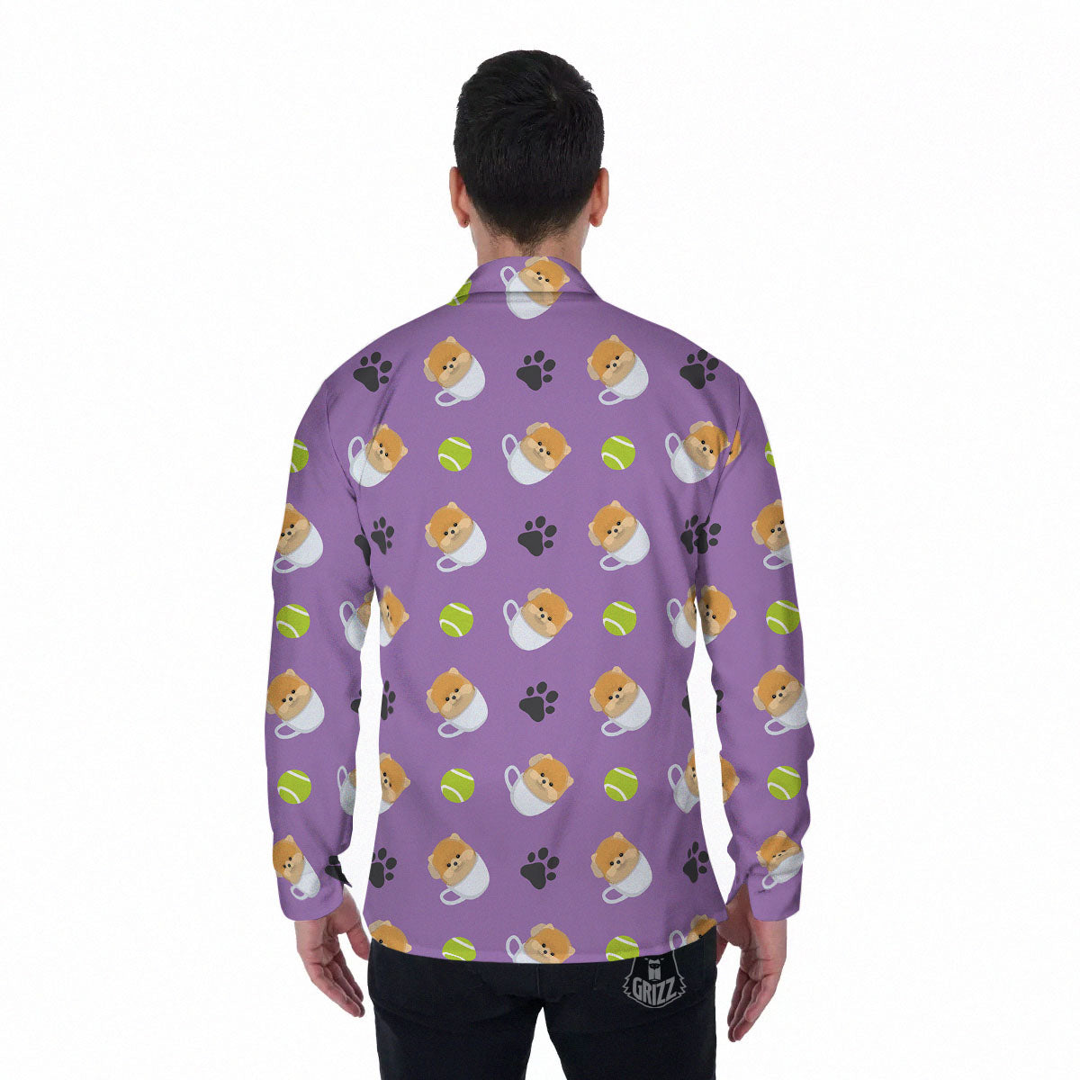 Tea Cup Pomeranian Print Pattern Men's Long Sleeve Shirts-grizzshop