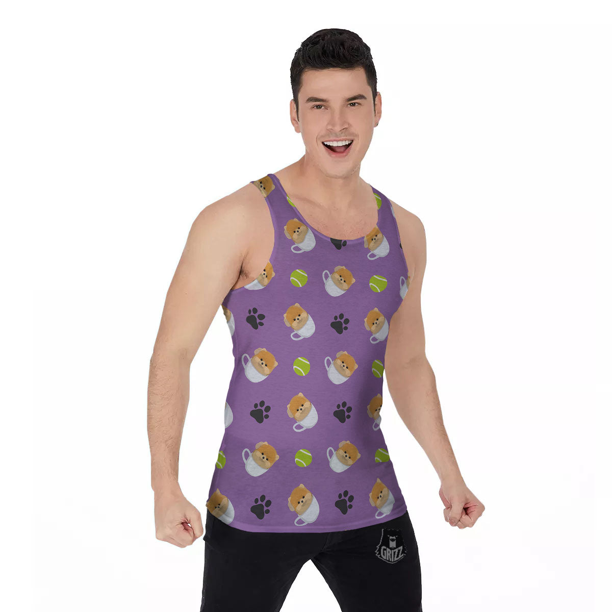 Tea Cup Pomeranian Print Pattern Men's Tank Top-grizzshop