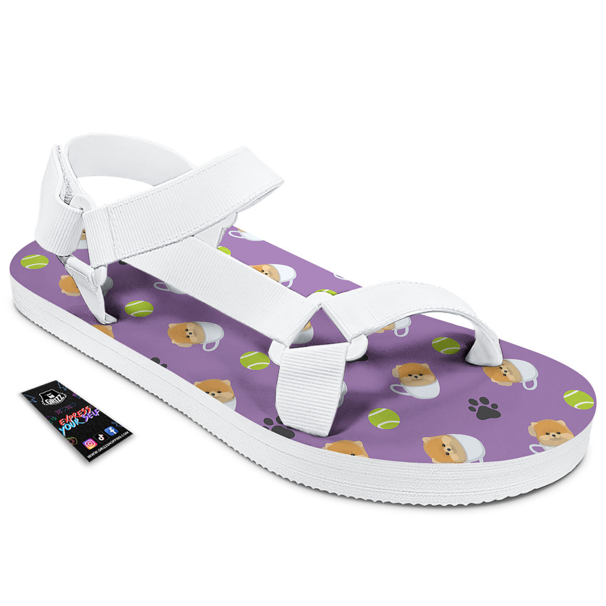 Tea Cup Pomeranian Print Pattern White Open Toe Sandals-grizzshop