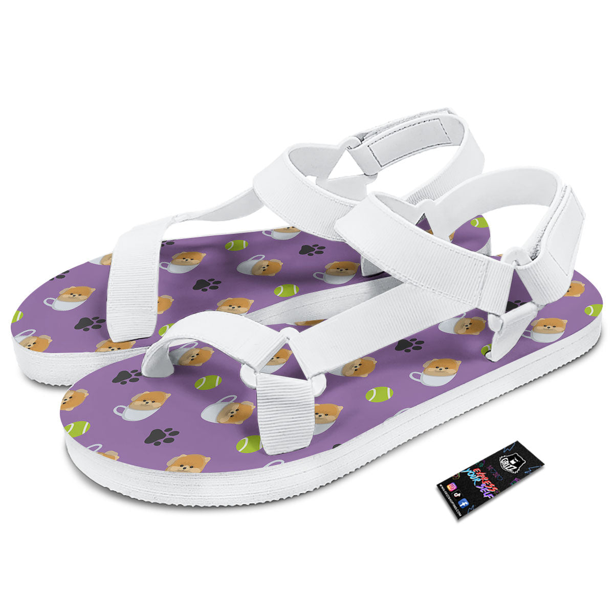 Tea Cup Pomeranian Print Pattern White Open Toe Sandals-grizzshop