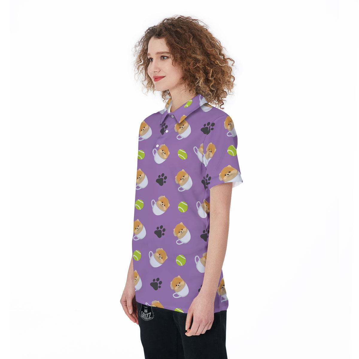 Tea Cup Pomeranian Print Pattern Women's Golf Shirts-grizzshop