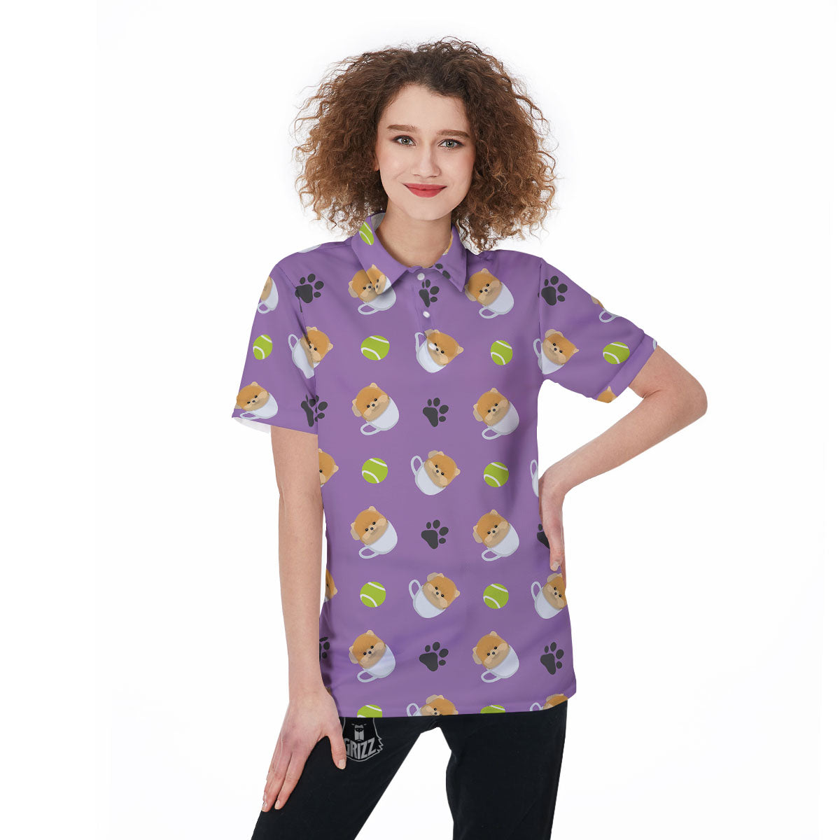 Tea Cup Pomeranian Print Pattern Women's Golf Shirts-grizzshop