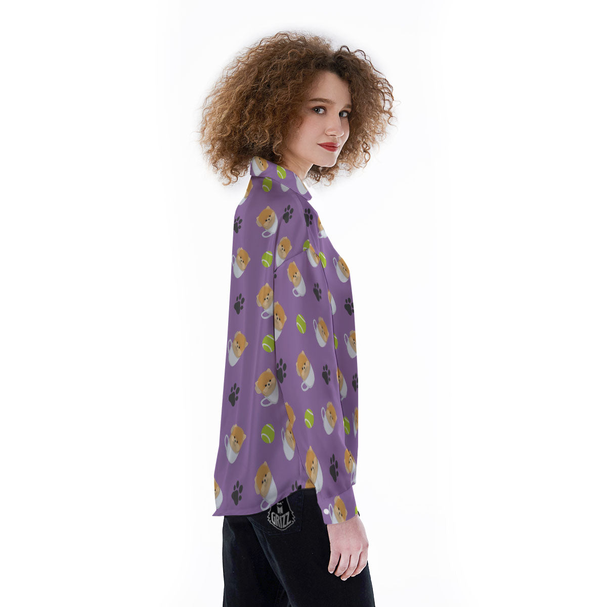 Tea Cup Pomeranian Print Pattern Women's Long Sleeve Shirts-grizzshop