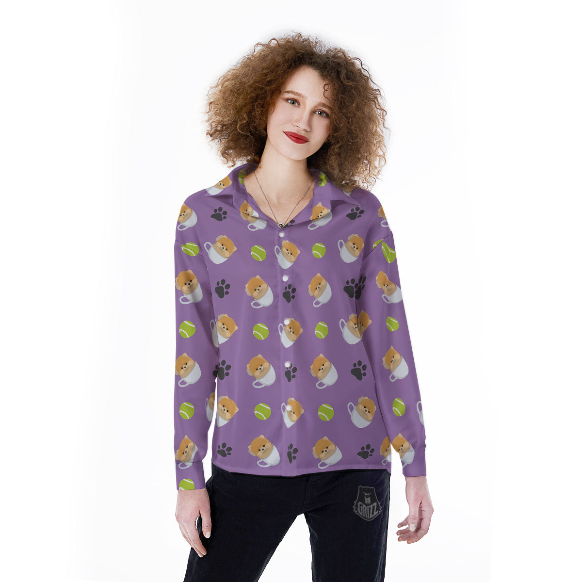 Tea Cup Pomeranian Print Pattern Women's Long Sleeve Shirts-grizzshop