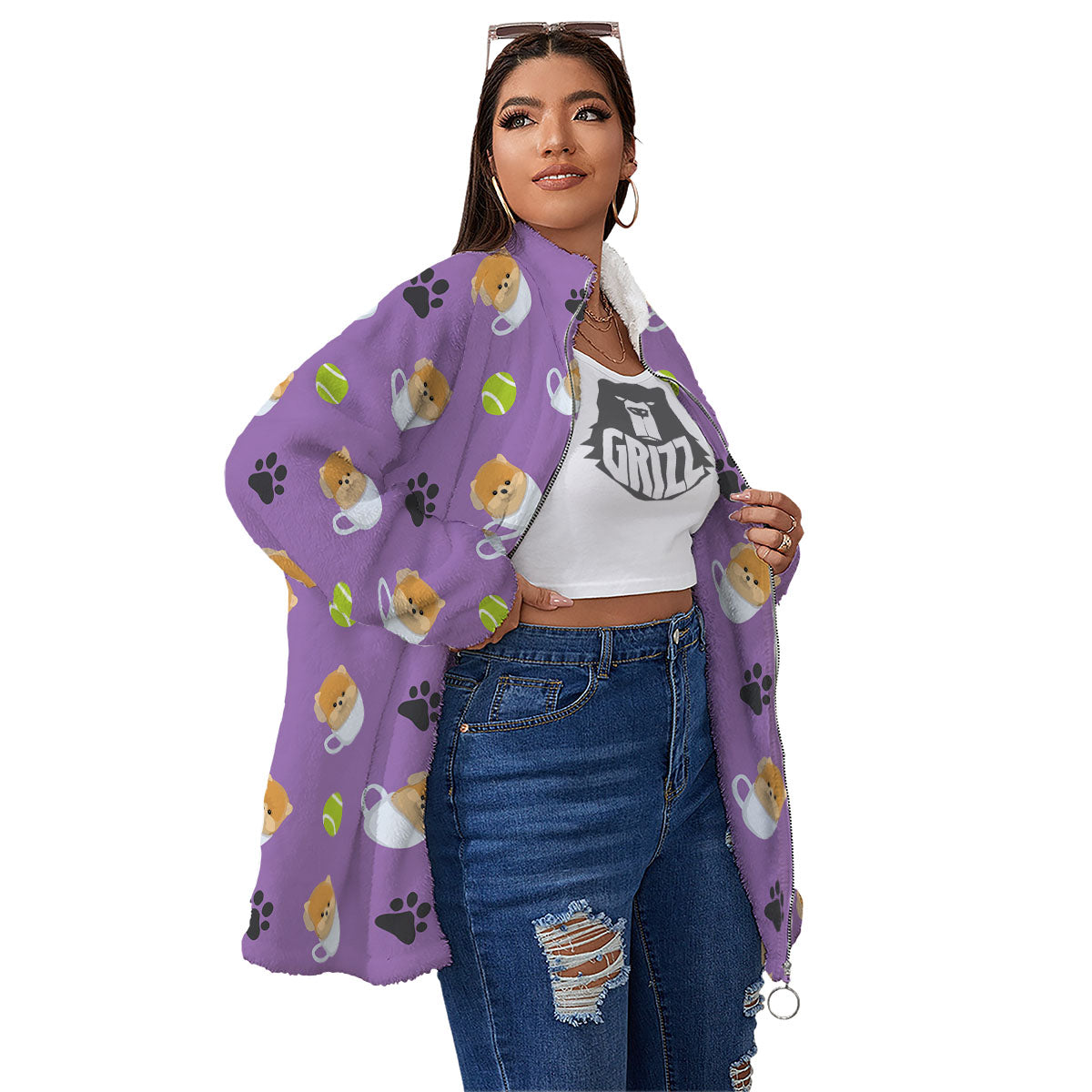 Tea Cup Pomeranian Print Pattern Women's Sherpa Jacket-grizzshop