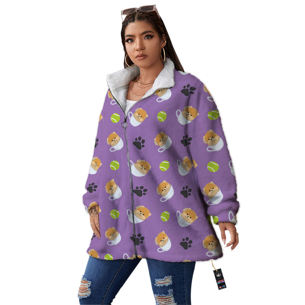 Tea Cup Pomeranian Print Pattern Women's Sherpa Jacket-grizzshop