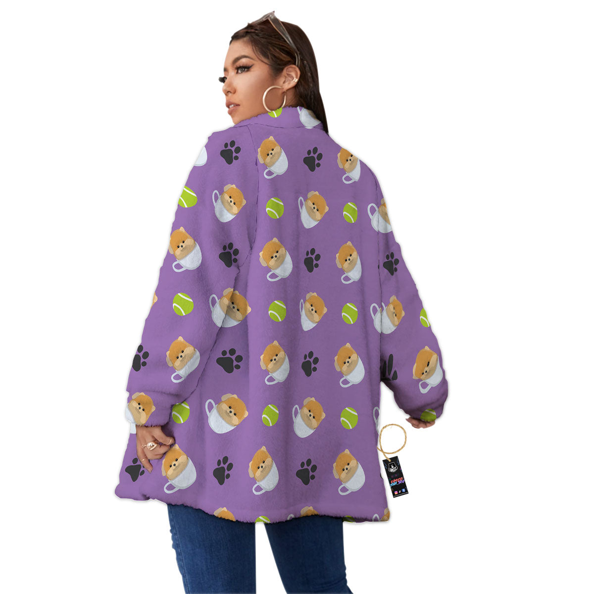 Tea Cup Pomeranian Print Pattern Women's Sherpa Jacket-grizzshop