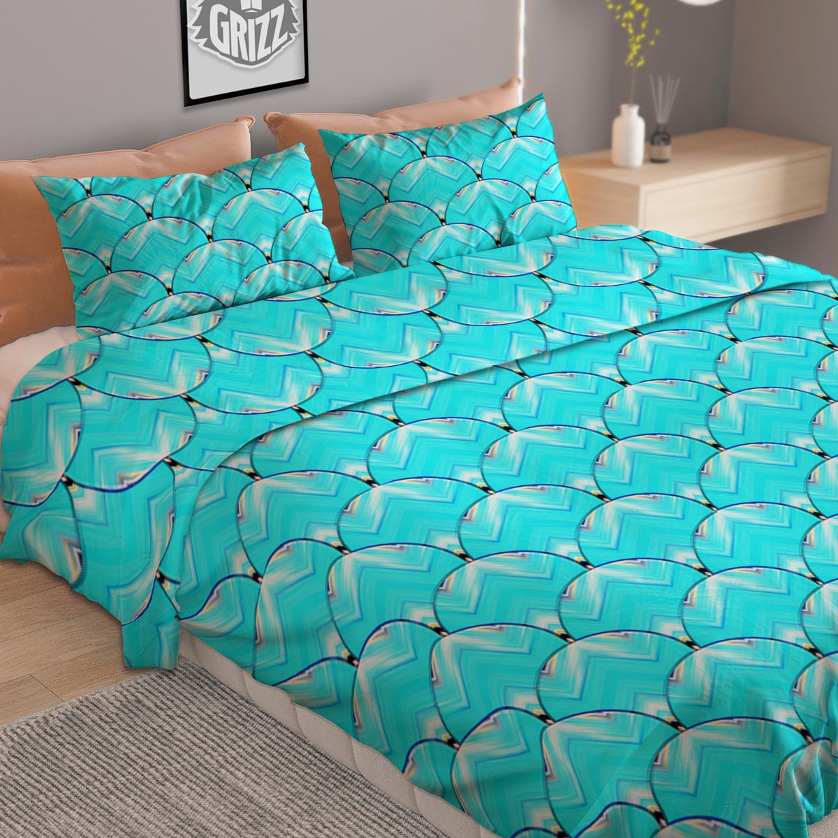 Teal Marble Print Pattern Duvet Cover Bedding Set