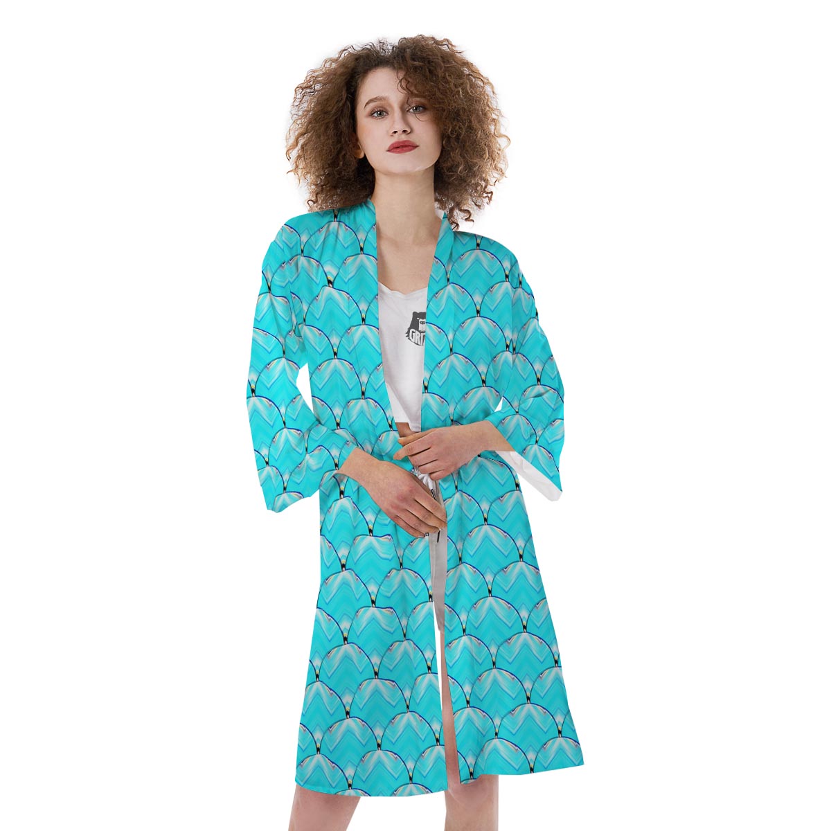 Teal Marble Print Pattern Kimono-grizzshop
