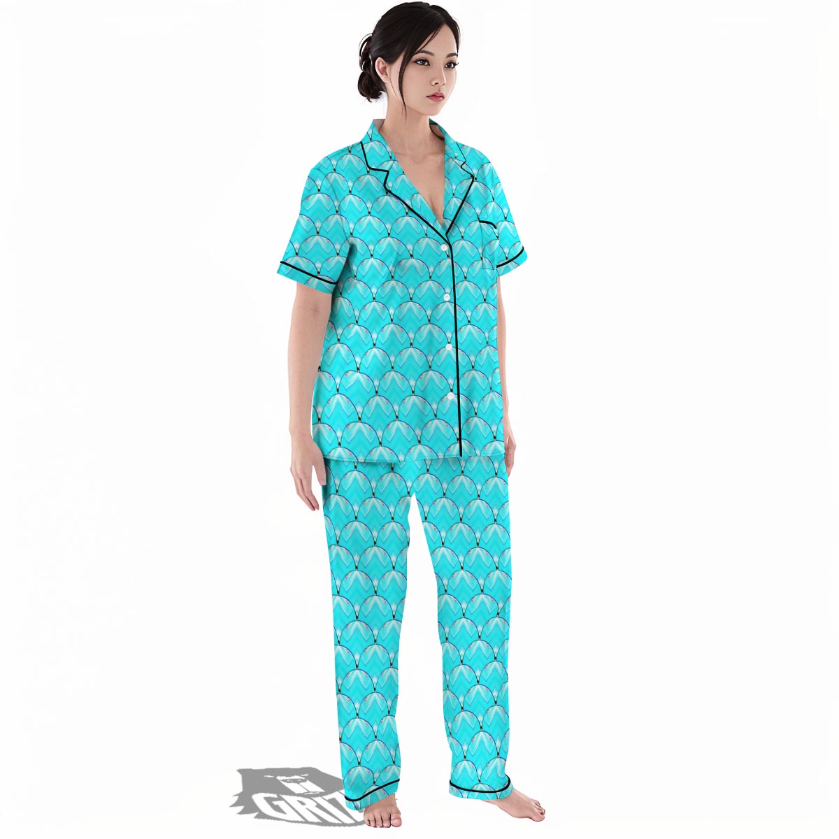 Teal Marble Print Pattern Women's Pajamas Set-grizzshop