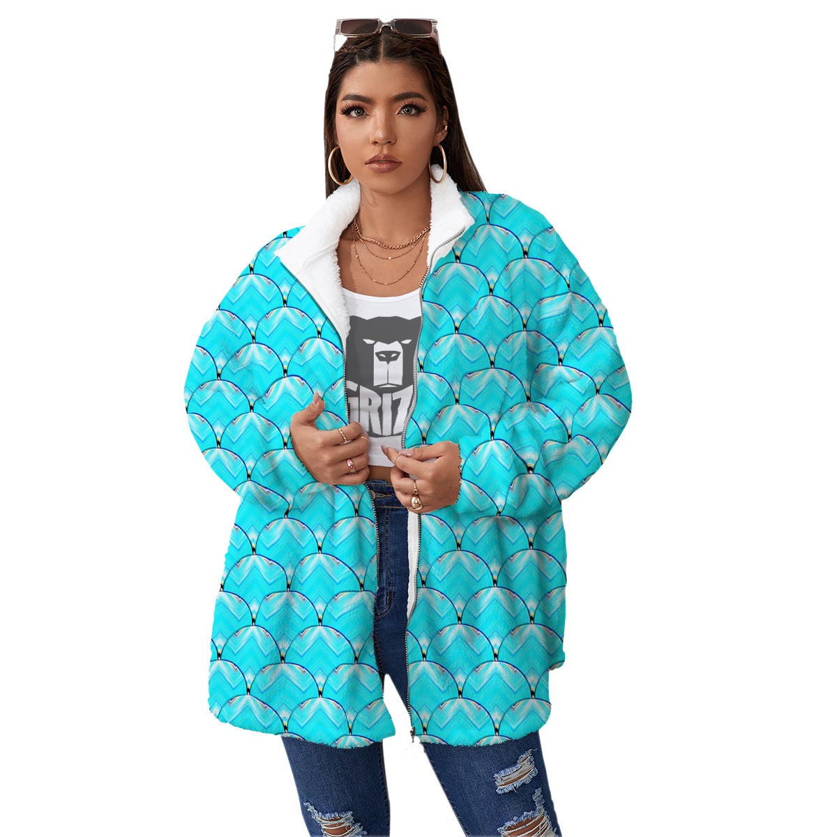 Teal Marble Print Pattern Women's Sherpa Jacket-grizzshop