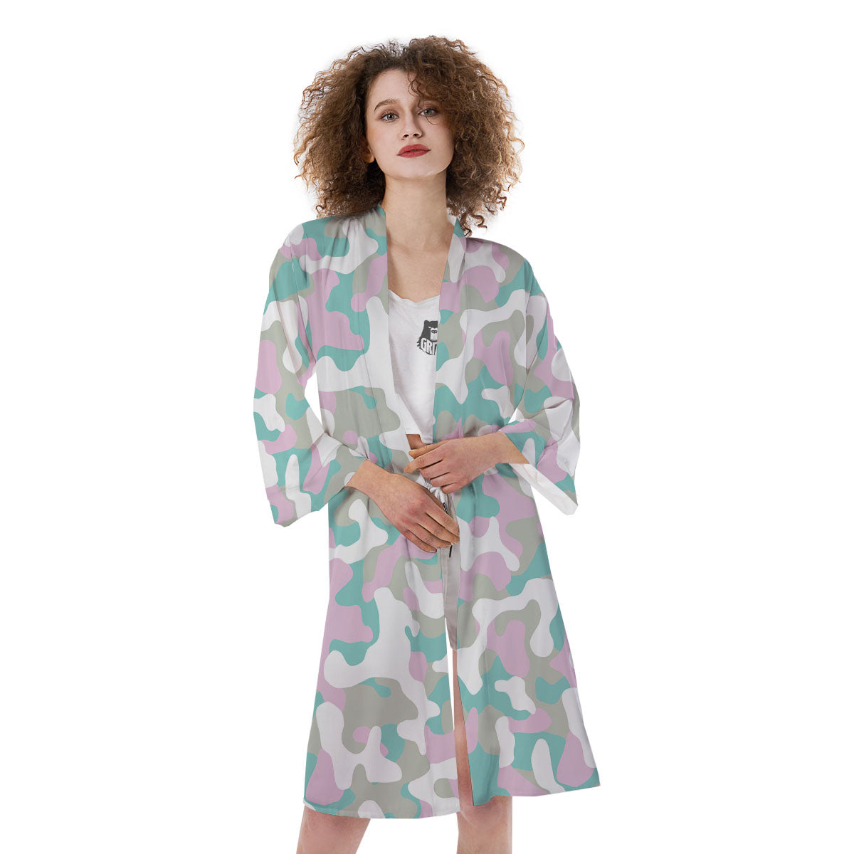 Teal Pastel And Purple Camouflage Print Kimono-grizzshop