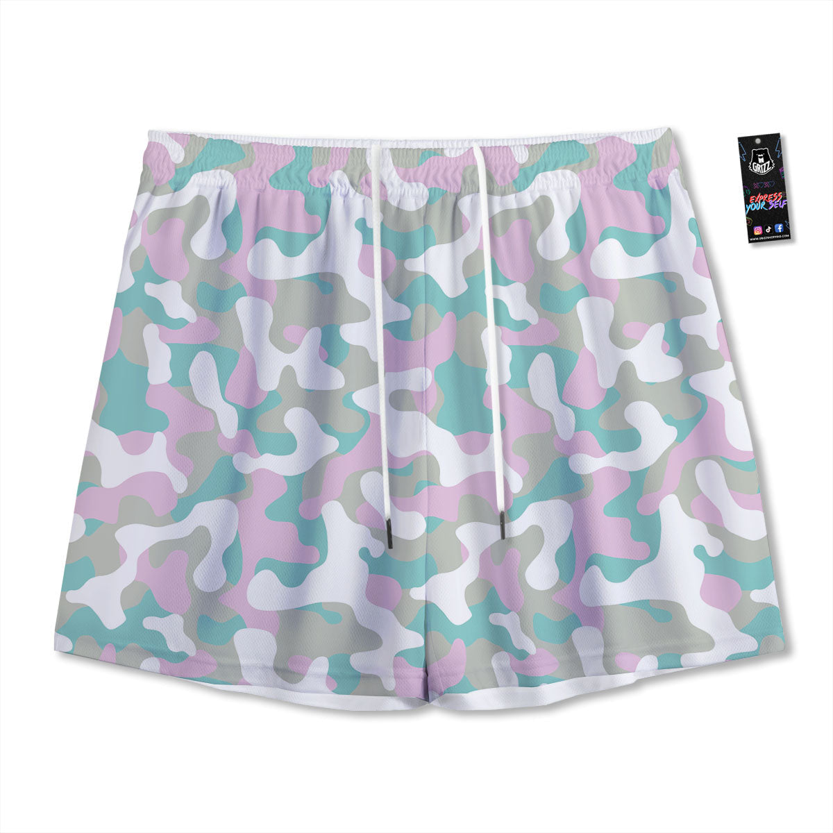 Teal Pastel And Purple Camouflage Print Mesh Shorts