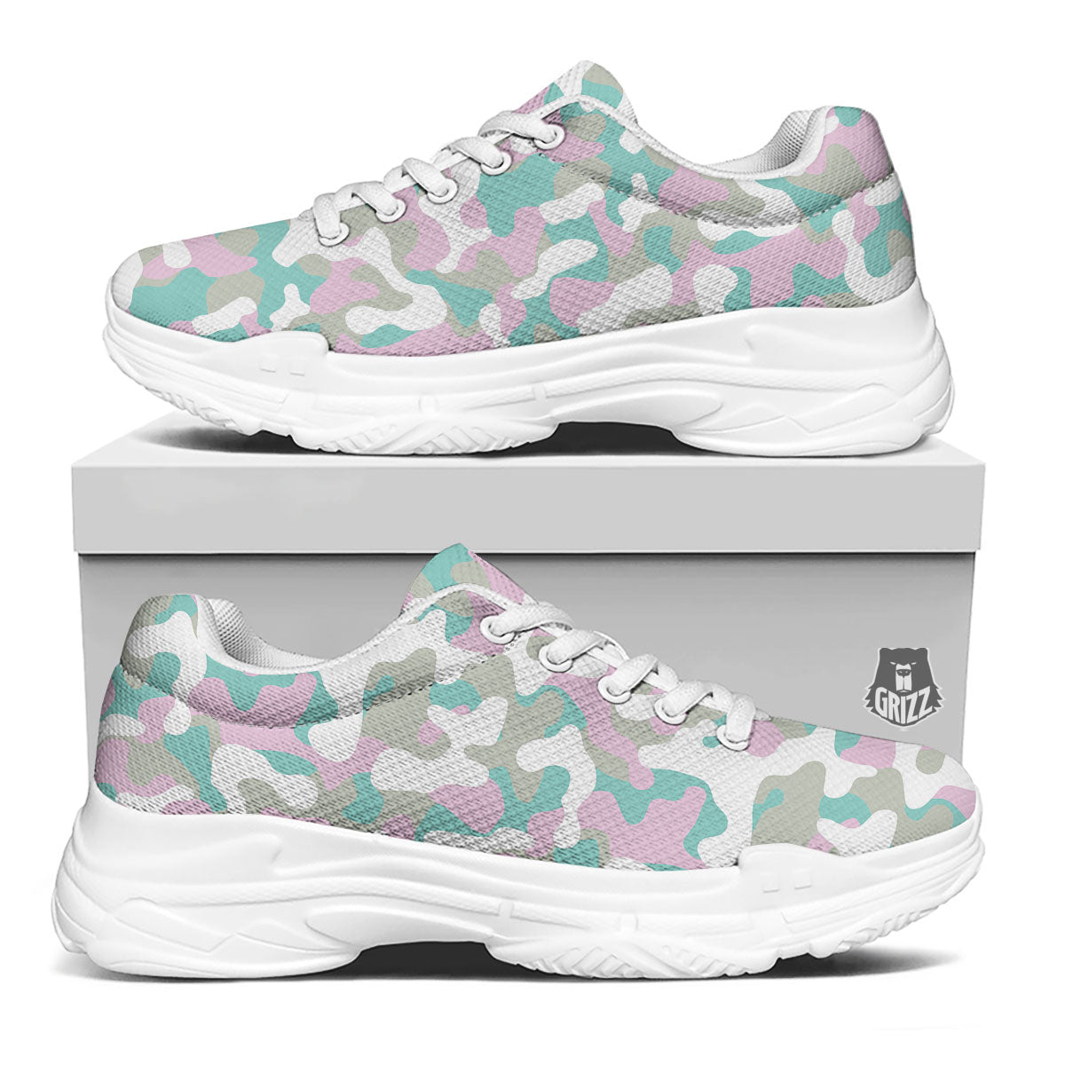 Teal Pastel And Purple Camouflage Print White Chunky Shoes-grizzshop