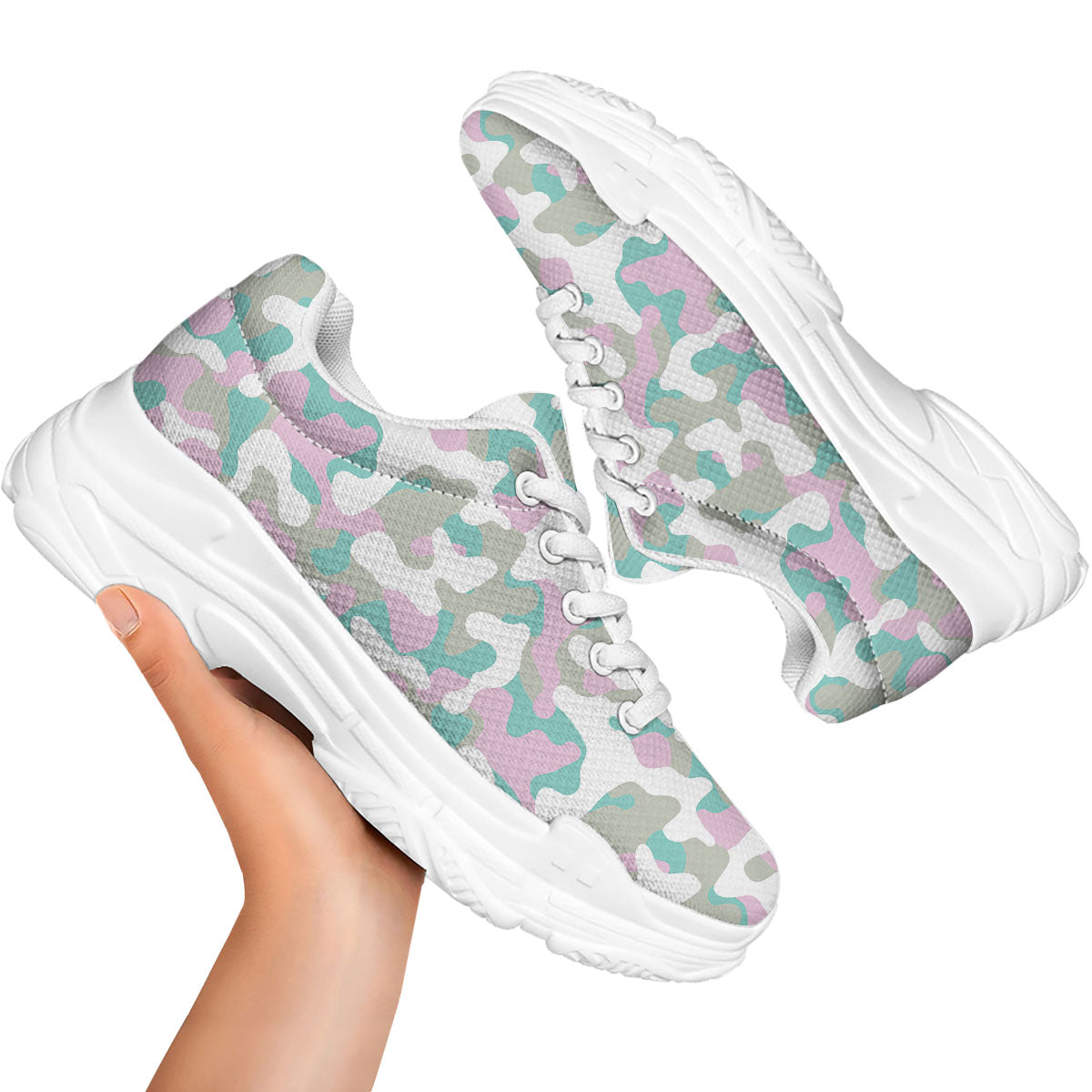 Teal Pastel And Purple Camouflage Print White Chunky Shoes-grizzshop