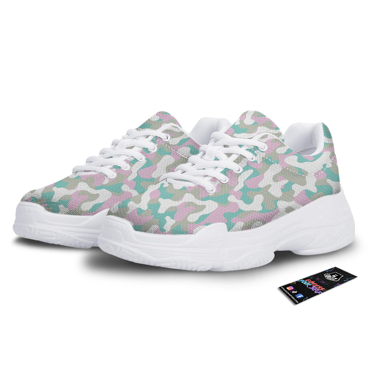 Teal Pastel And Purple Camouflage Print White Chunky Shoes-grizzshop