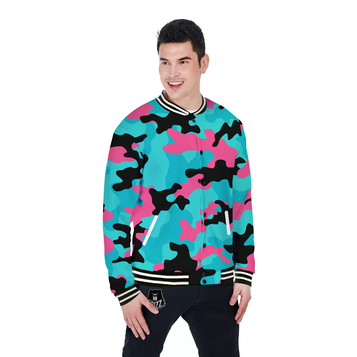 Teal Pink And Black Camouflage Print Baseball Jacket-grizzshop