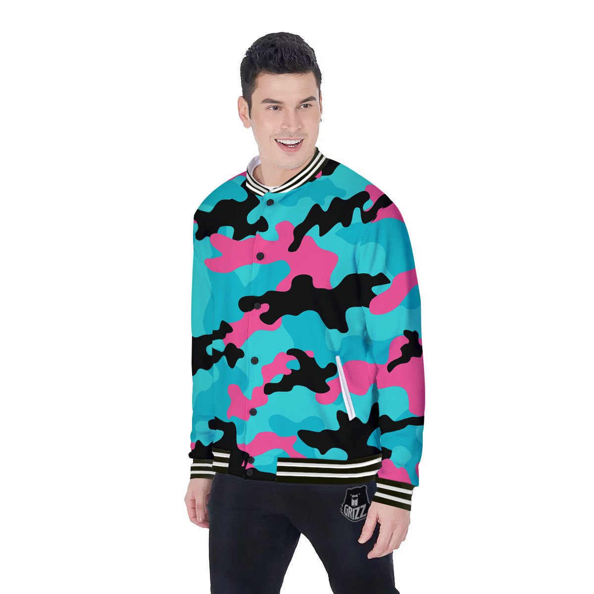 Teal Pink And Black Camouflage Print Baseball Jacket-grizzshop