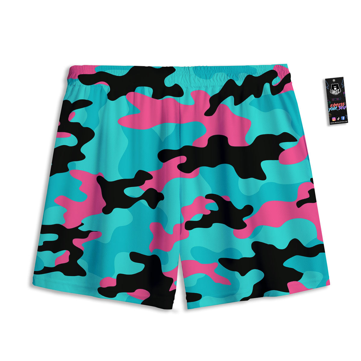 Teal Pink And Black Camouflage Print Mesh Shorts