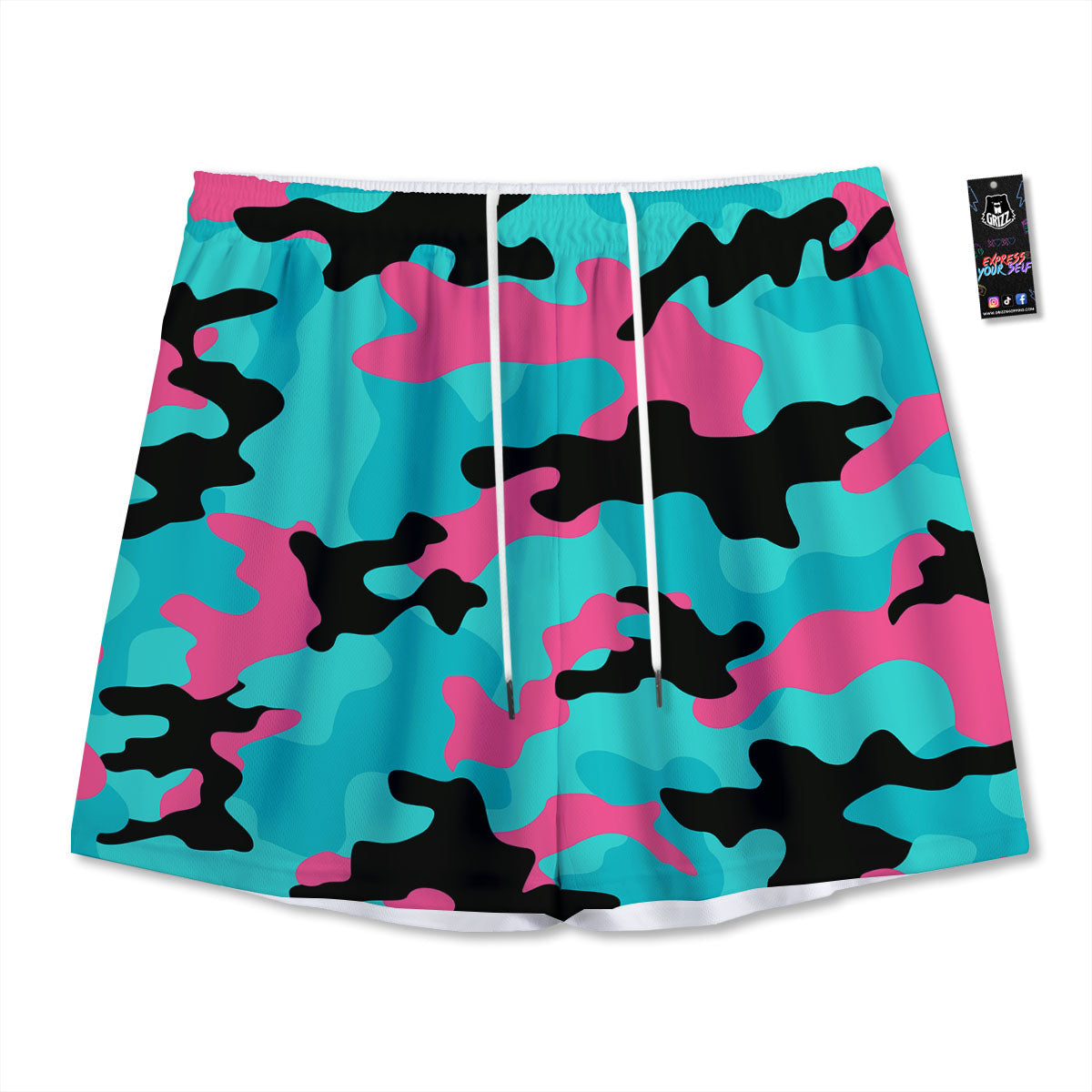 Teal Pink And Black Camouflage Print Mesh Shorts