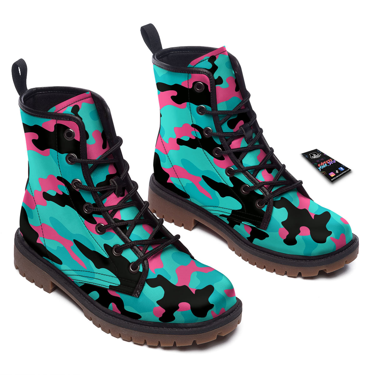 Teal Pink And Black Camouflage Print Work Boots-grizzshop