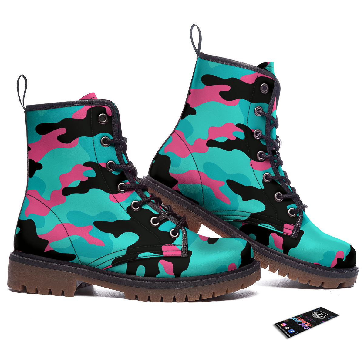 Teal Pink And Black Camouflage Print Work Boots-grizzshop