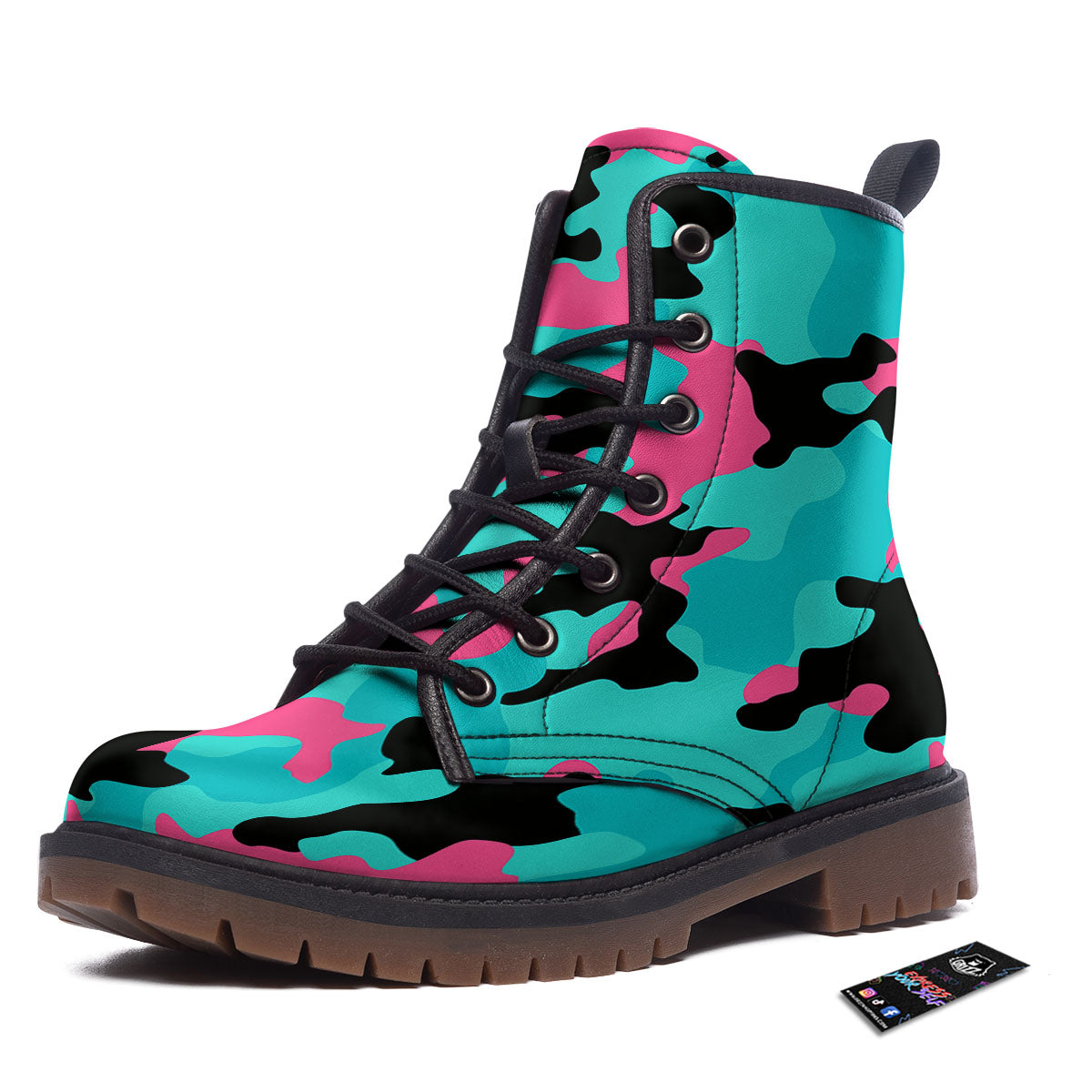 Teal Pink And Black Camouflage Print Work Boots-grizzshop