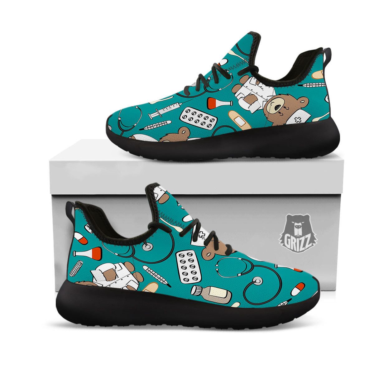 Teal Teddy Bear Nurse Black Athletic Shoes-grizzshop