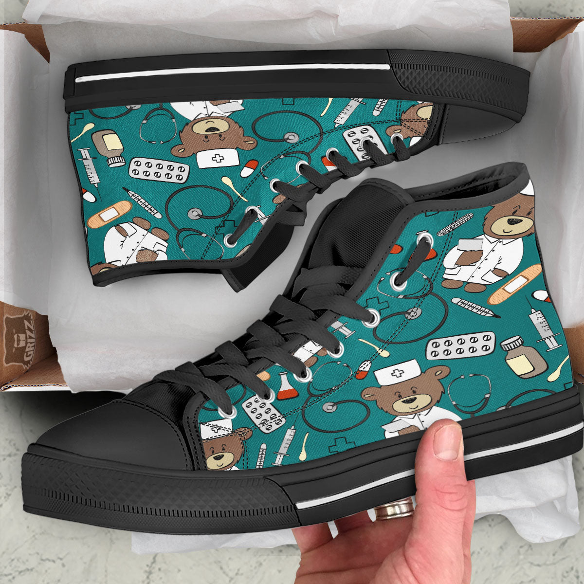 Teal Teddy Bear Nurse Black High Top Shoes-grizzshop