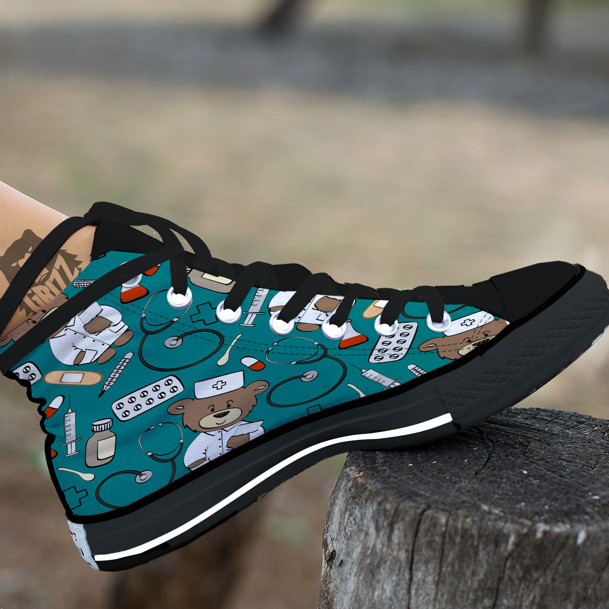 Teal Teddy Bear Nurse Black High Top Shoes-grizzshop